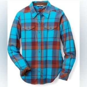 Kavu XL Billie Jean Flannel Turquoise and Rust Plaid Shirt Corduroy Elbow Patch